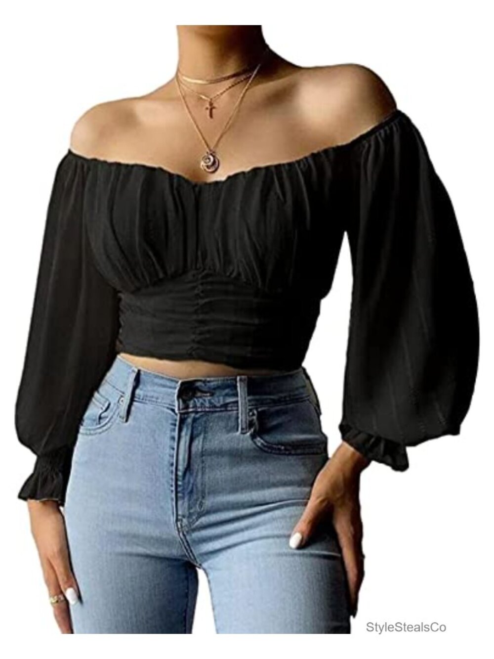 Off Shoulder Puff Sleeve Chiffon Crop Top Blouse